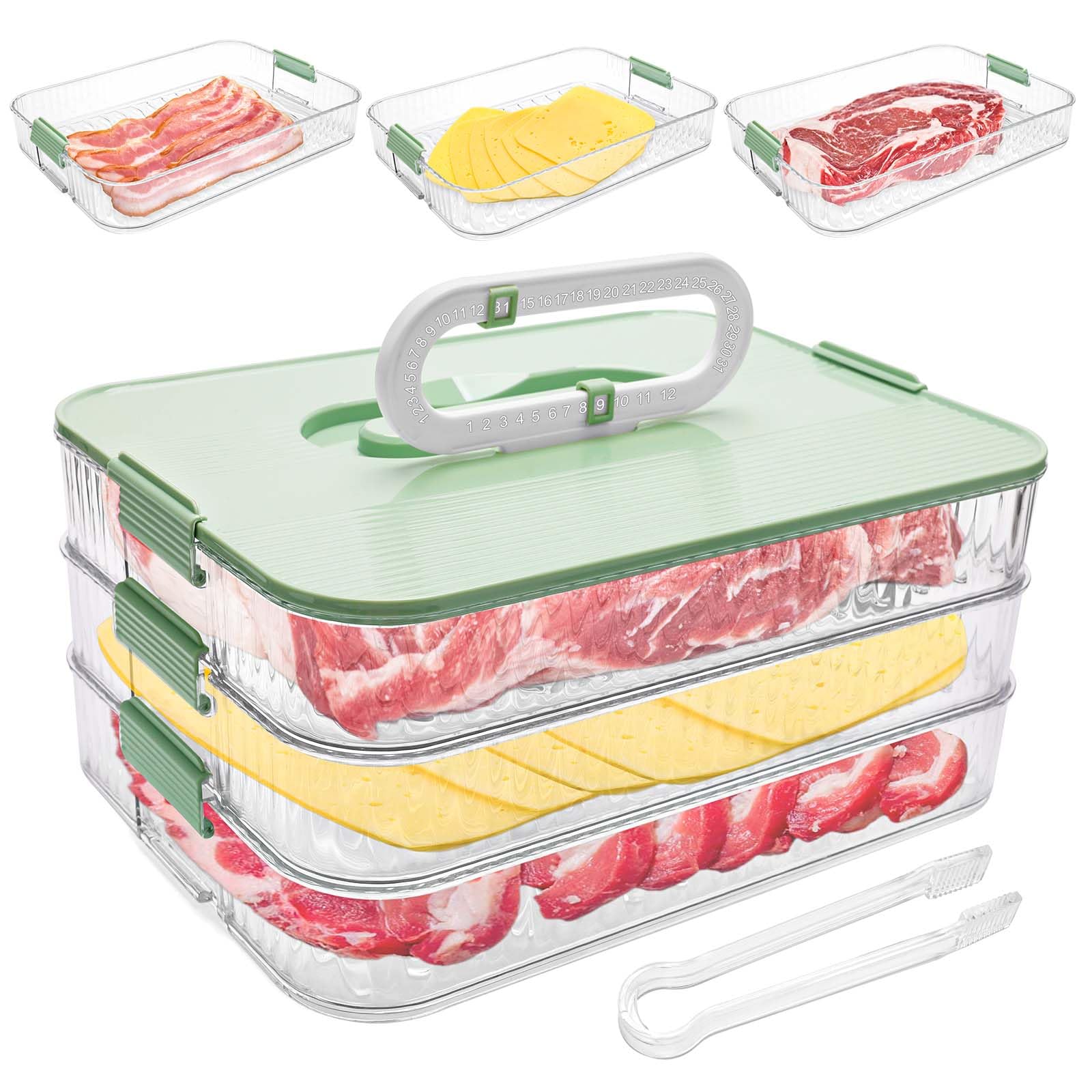 Windspeed Deli Meat Container for Fridge 3 Layer Bacon Storage Container for Fridge Ham and Deli Meat and Cheese Containers Bacon Storage Container with Tongs