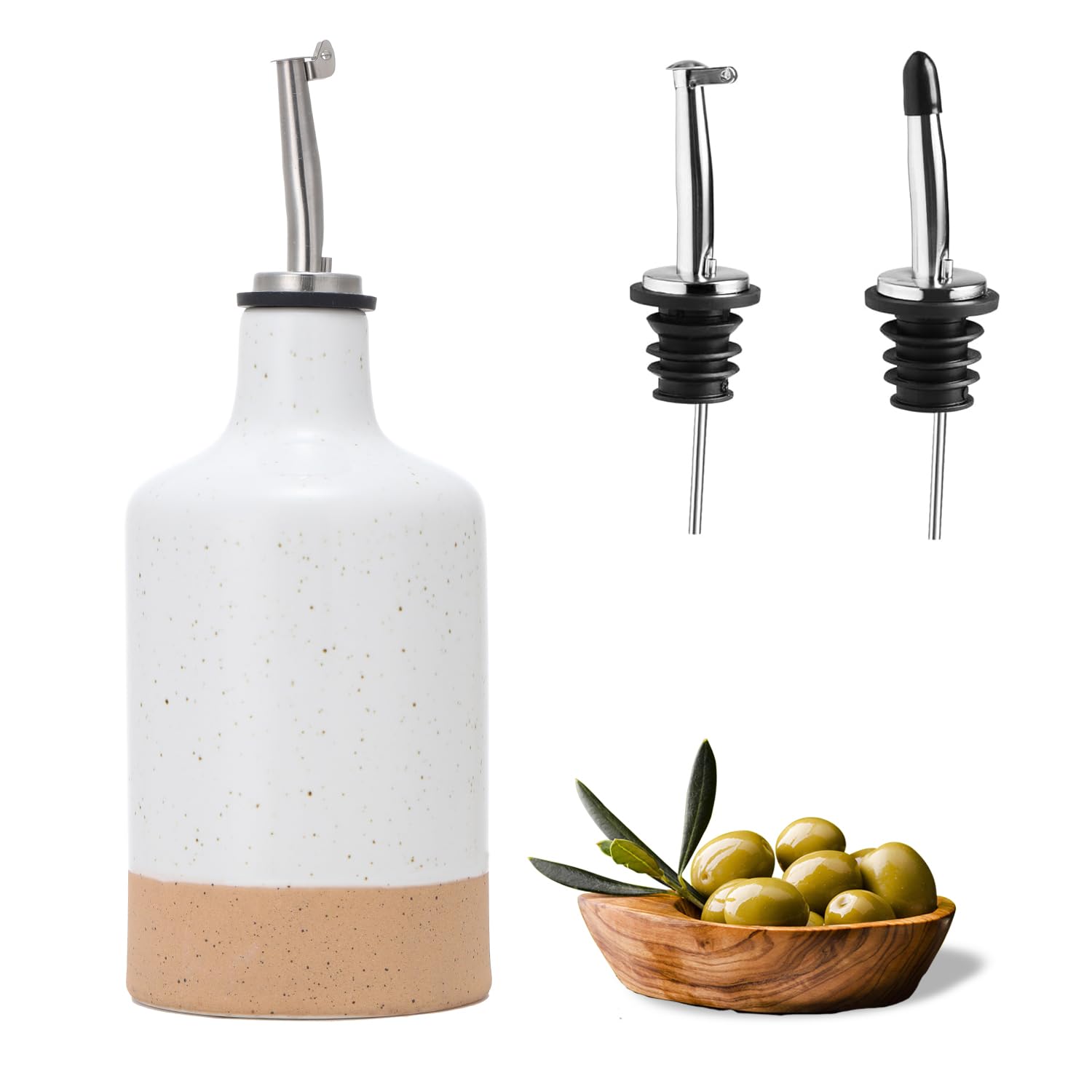 HOMCDALY Ceramic Olive Oil Dispenser Bottle Oil Dispenser for Kitchen 16oz Oil Bottle for Kitchen Oil Container Kitchen Oil Dispenser for Oil Vinegar Syrups(White&Brown